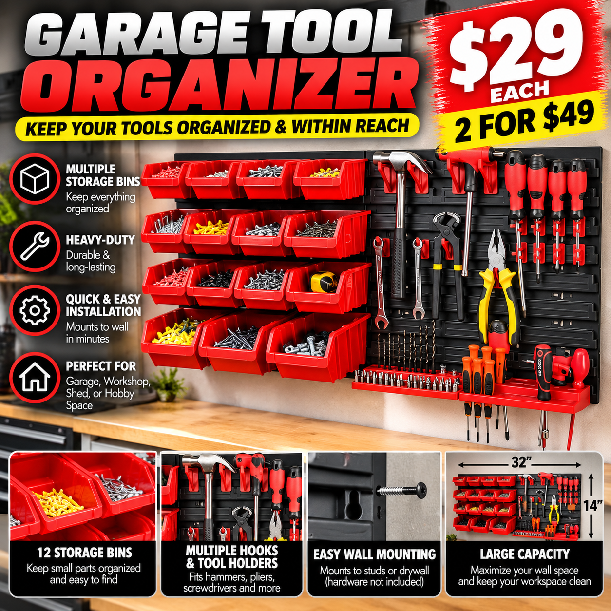 Wall-Mounted Tool Organizer with Storage Bins | Denver Goods